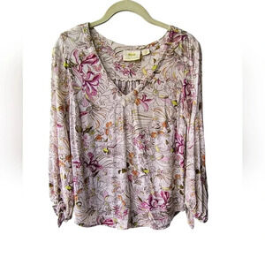 Maeve by Anthropology Floral Pernille Drape Tie Sleeves Boho Peasant Blouse, XS